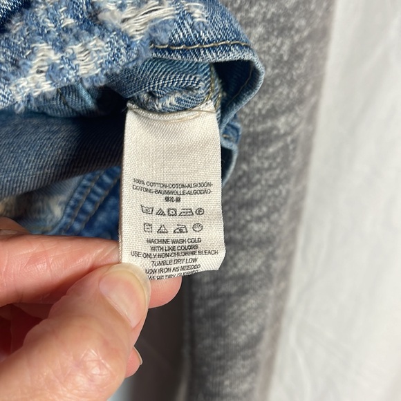 Free People Denim Jacket Medium Jean Hood Gray Sleeves Mixed Media Distressed M - Picture 9 of 16